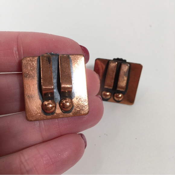 Vintage 60 70 Modernist Matisse Square Copper Wave Clip Earrings MCM - Picture 9 of 11